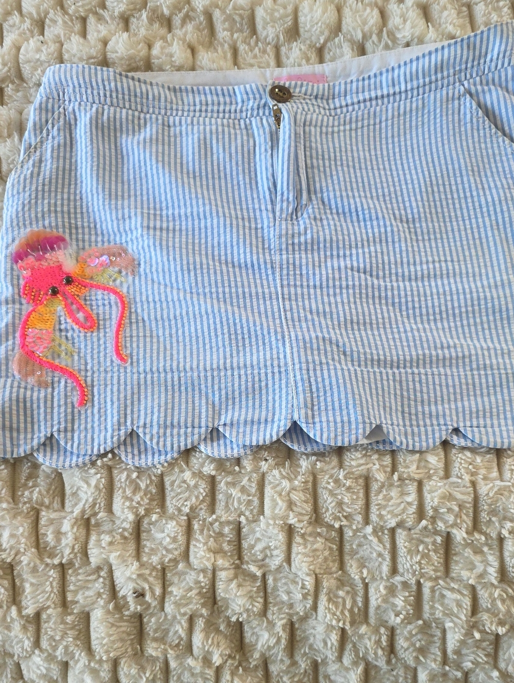 Blue & White Seersucker Scallop Hem Skort with Neon Octopus Patch